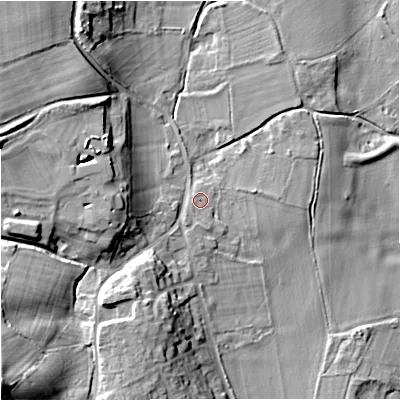 Shaded relief map of the ground around WR24UW, computed from Environment Agency LiDAR. The ground here sits at about 17 m above sea level and falls 25 m across the surrounding 800 m. The ground contributing surface water to this point lies to the south-west.