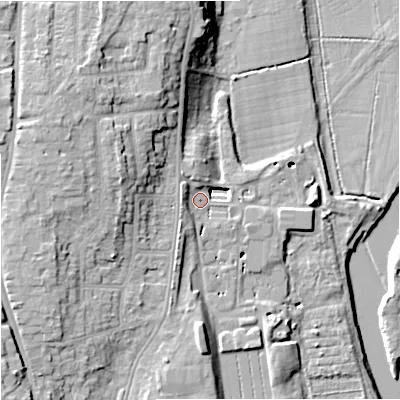 Shaded relief map of the ground around WR24ZP, computed from Environment Agency LiDAR. The ground here sits at about 18 m above sea level and falls 22 m across the surrounding 800 m. Surface water reaching this point runs off ground lying to the north-west, 7.6 m higher.