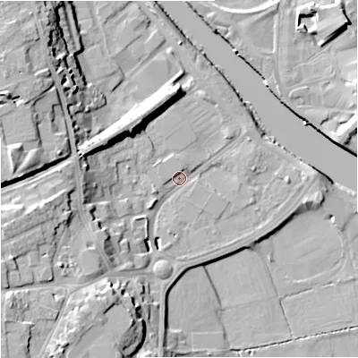 Shaded relief map of the ground around WR25BA, computed from Environment Agency LiDAR. The ground here sits at about 16 m above sea level and falls 20 m across the surrounding 800 m. Surface water reaching this point runs off ground lying to the west-south-west, 15.7 m higher.