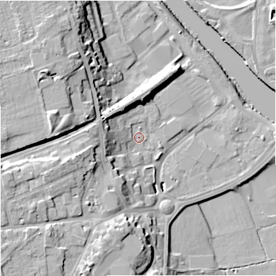 Shaded relief map of the ground around WR25DZ, computed from Environment Agency LiDAR. The ground here sits at about 17 m above sea level and falls 20 m across the surrounding 800 m. Surface water reaching this point runs off ground lying to the west-south-west, 12.6 m higher.