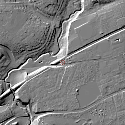Shaded relief map of the ground around WR25EE, computed from Environment Agency LiDAR. The ground here sits at about 26 m above sea level and falls 15 m across the surrounding 800 m. Surface water reaching this point runs off ground lying to the east, 4.7 m higher.