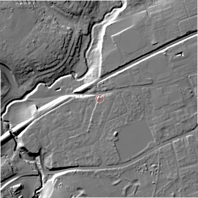 Shaded relief map of the ground around WR25ER, computed from Environment Agency LiDAR. The ground here sits at about 28 m above sea level and falls 15 m across the surrounding 800 m. Surface water reaching this point runs off ground lying to the east-north-east, 3.7 m higher.