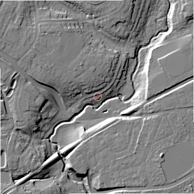 Shaded relief map of the ground around WR25EU, computed from Environment Agency LiDAR. The ground here sits at about 21 m above sea level and falls 15 m across the surrounding 800 m. Surface water reaching this point runs off ground lying to the north, 8.2 m higher.
