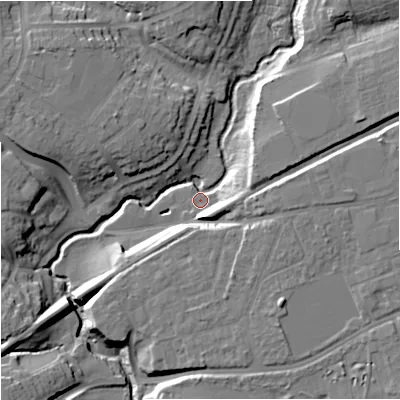 Shaded relief map of the ground around WR25FU, computed from Environment Agency LiDAR. The ground here sits at about 19 m above sea level and falls 15 m across the surrounding 800 m. Surface water reaching this point runs off ground lying to the west-north-west, 12.8 m higher.