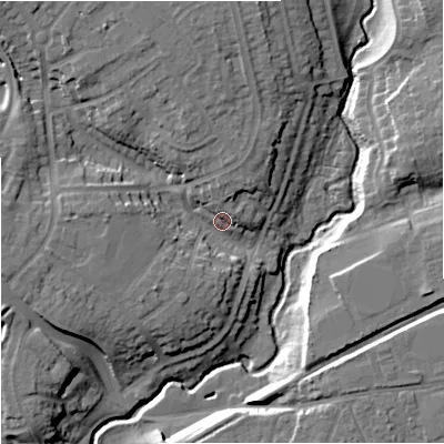 Shaded relief map of the ground around WR25HJ, computed from Environment Agency LiDAR. The ground here sits at about 22 m above sea level and falls 15 m across the surrounding 800 m. Surface water reaching this point runs off ground lying to the north-west, 10.3 m higher.
