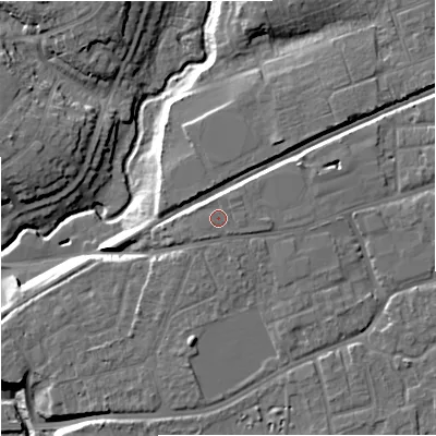 Shaded relief map of the ground around WR25HW, computed from Environment Agency LiDAR. The ground here sits at about 29 m above sea level and falls 15 m across the surrounding 800 m. Surface water reaching this point runs off ground lying to the east, 0.5 m higher.