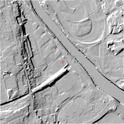 Shaded relief map of the ground around WR25JN, computed from Environment Agency LiDAR. The ground here sits at about 15 m above sea level and falls 20 m across the surrounding 800 m. Surface water reaching this point runs off ground lying to the west, 17.0 m higher.
