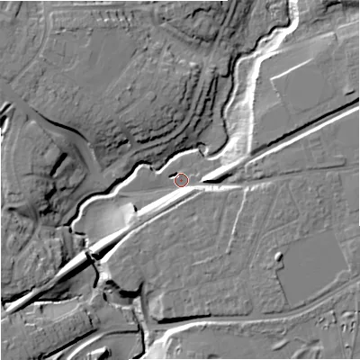 Shaded relief map of the ground around WR25JP, computed from Environment Agency LiDAR. The ground here sits at about 19 m above sea level and falls 16 m across the surrounding 800 m. Surface water reaching this point runs off ground lying to the east-south-east, 8.2 m higher.