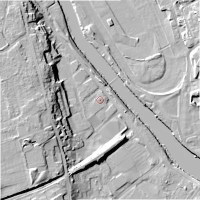 Shaded relief map of the ground around WR25JS, computed from Environment Agency LiDAR. The ground here sits at about 16 m above sea level and falls 20 m across the surrounding 800 m. Surface water reaching this point runs off ground lying to the west, 12.9 m higher.