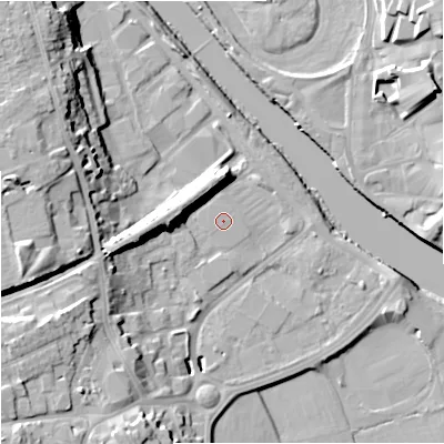 Shaded relief map of the ground around WR25JW, computed from Environment Agency LiDAR. The ground here sits at about 16 m above sea level and falls 20 m across the surrounding 800 m. The ground contributing surface water to this point lies to the north-west.