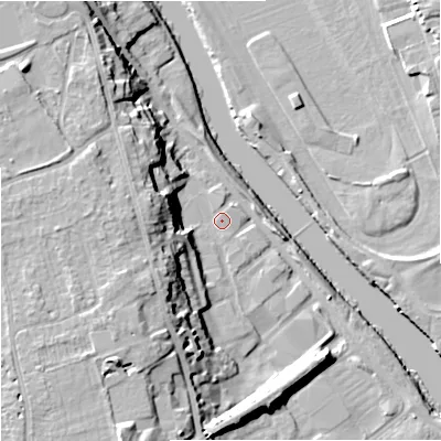 Shaded relief map of the ground around WR25JX, computed from Environment Agency LiDAR. The ground here sits at about 16 m above sea level and falls 20 m across the surrounding 800 m. Surface water reaching this point runs off ground lying to the south-west, 14.2 m higher.
