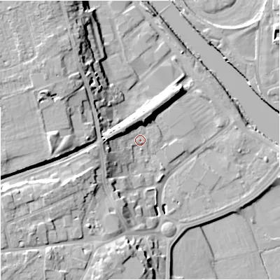 Shaded relief map of the ground around WR25NW, computed from Environment Agency LiDAR. The ground here sits at about 17 m above sea level and falls 20 m across the surrounding 800 m. Surface water reaching this point runs off ground lying to the west-south-west, 9.4 m higher.