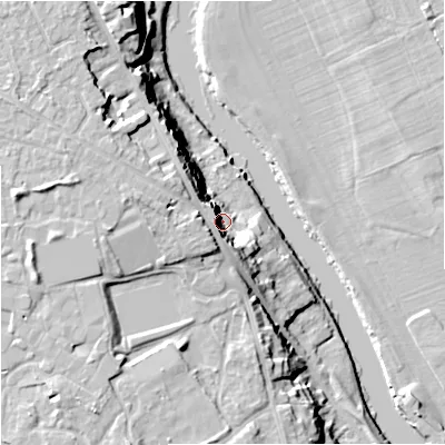 Shaded relief map of the ground around WR25PE, computed from Environment Agency LiDAR. The ground here sits at about 18 m above sea level and falls 21 m across the surrounding 800 m. Surface water reaching this point runs off ground lying to the west-north-west, 4.8 m higher.