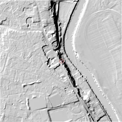 Shaded relief map of the ground around WR25PF, computed from Environment Agency LiDAR. The ground here sits at about 25 m above sea level and falls 21 m across the surrounding 800 m. Surface water reaching this point runs off ground lying to the west, 15.5 m higher.