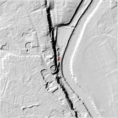 Shaded relief map of the ground around WR25PL, computed from Environment Agency LiDAR. The ground here sits at about 15 m above sea level and falls 21 m across the surrounding 800 m. Surface water reaching this point runs off ground lying to the north-west, 19.4 m higher.