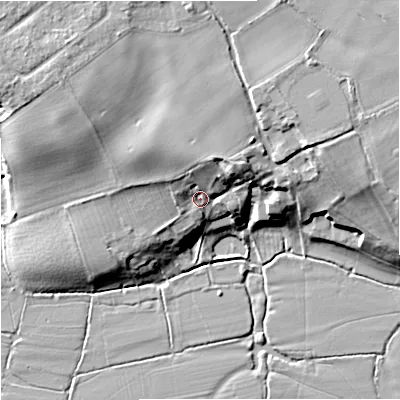 Shaded relief map of the ground around WR25SZ, computed from Environment Agency LiDAR. The ground here sits at about 21 m above sea level and falls 16 m across the surrounding 800 m. Surface water reaching this point runs off ground lying to the north, 8.0 m higher.