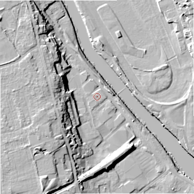 Shaded relief map of the ground around WR25WW, computed from Environment Agency LiDAR. The ground here sits at about 16 m above sea level and falls 20 m across the surrounding 800 m. Surface water reaching this point runs off ground lying to the west-north-west, 1.1 m higher.
