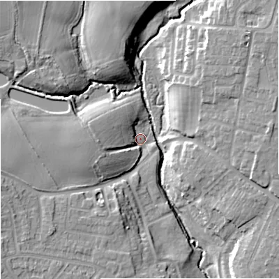 Shaded relief map of the ground around WR26AS, computed from Environment Agency LiDAR. The ground here sits at about 22 m above sea level and falls 14 m across the surrounding 800 m. Surface water reaching this point runs off ground lying to the west-south-west, 11.2 m higher.
