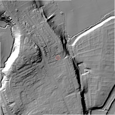 Shaded relief map of the ground around WR26DD, computed from Environment Agency LiDAR. The ground here sits at about 31 m above sea level and falls 33 m across the surrounding 800 m. Surface water reaching this point runs off ground lying to the north-west, 7.9 m higher.