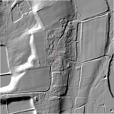 Shaded relief map of the ground around WR26LU, computed from Environment Agency LiDAR. The ground here sits at about 21 m above sea level and falls 13 m across the surrounding 800 m. Surface water reaching this point runs off ground lying to the north-north-west, 1.1 m higher.