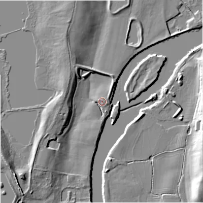 Shaded relief map of the ground around WR26LX, computed from Environment Agency LiDAR. The ground here sits at about 16 m above sea level and falls 13 m across the surrounding 800 m. Surface water reaching this point runs off ground lying to the south-south-east, 2.8 m higher.