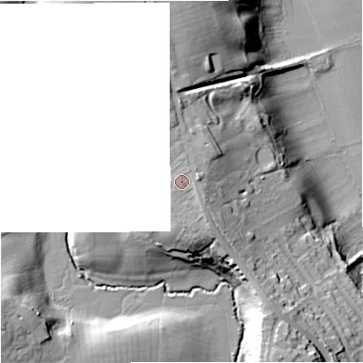 Shaded relief map of the ground around WR26PH, computed from Environment Agency LiDAR. The ground here sits at about 41 m above sea level and falls 30 m across the surrounding 800 m. Surface water reaching this point runs off ground lying to the east, 1.4 m higher.