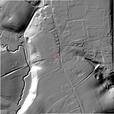 Shaded relief map of the ground around WR26PW, computed from Environment Agency LiDAR. The ground here sits at about 44 m above sea level and falls 26 m across the surrounding 800 m. Surface water reaching this point runs off ground lying to the west, 2.0 m higher.