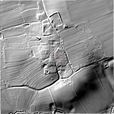 Shaded relief map of the ground around WR26PX, computed from Environment Agency LiDAR. The ground here sits at about 51 m above sea level and falls 25 m across the surrounding 800 m. Surface water reaching this point runs off ground lying to the north-north-east, 1.6 m higher.
