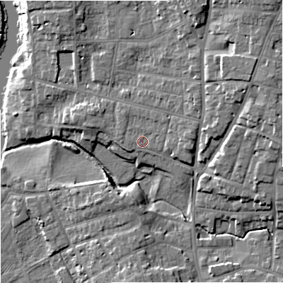 Shaded relief map of the ground around WR37AE, computed from Environment Agency LiDAR. The ground here sits at about 20 m above sea level and falls 17 m across the surrounding 800 m. Surface water reaching this point runs off ground lying to the west, 0.8 m higher.
