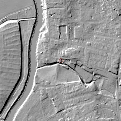 Shaded relief map of the ground around WR37AF, computed from Environment Agency LiDAR. The ground here sits at about 18 m above sea level and falls 16 m across the surrounding 800 m. Surface water reaching this point runs off ground lying to the east, 9.7 m higher.
