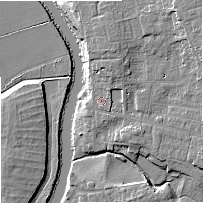 Shaded relief map of the ground around WR37AG, computed from Environment Agency LiDAR. The ground here sits at about 19 m above sea level and falls 17 m across the surrounding 800 m. Surface water reaching this point runs off ground lying to the north-east, 2.2 m higher.