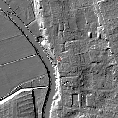 Shaded relief map of the ground around WR37DZ, computed from Environment Agency LiDAR. The ground here sits at about 22 m above sea level and falls 17 m across the surrounding 800 m. Surface water reaching this point runs off ground lying to the east, 1.4 m higher.