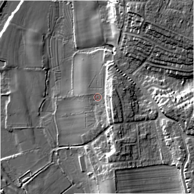Shaded relief map of the ground around WR37FG, computed from Environment Agency LiDAR. The ground here sits at about 19 m above sea level and falls 19 m across the surrounding 800 m. Surface water reaching this point runs off ground lying to the south-east, 6.5 m higher.