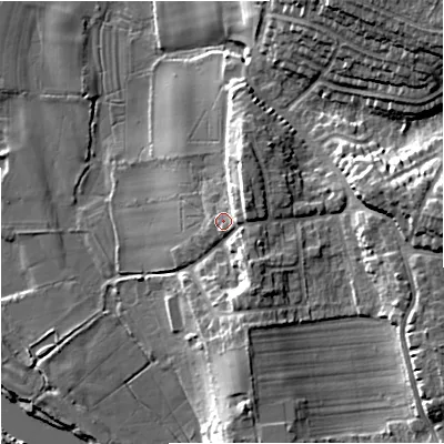 Shaded relief map of the ground around WR37NB, computed from Environment Agency LiDAR. The ground here sits at about 21 m above sea level and falls 20 m across the surrounding 800 m. Surface water reaching this point runs off ground lying to the north-east, 4.2 m higher.