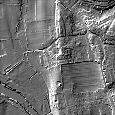 Shaded relief map of the ground around WR37NF, computed from Environment Agency LiDAR. The ground here sits at about 24 m above sea level and falls 20 m across the surrounding 800 m. Surface water reaching this point runs off ground lying to the east-north-east, 3.5 m higher.