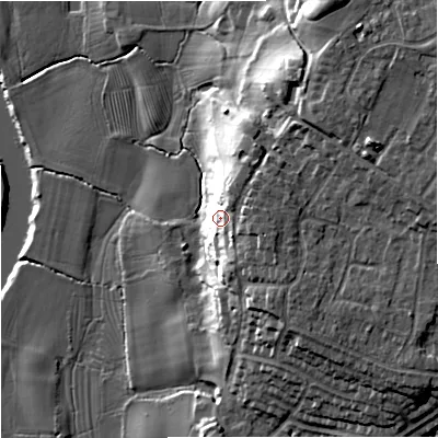 Shaded relief map of the ground around WR37RE, computed from Environment Agency LiDAR. The ground here sits at about 26 m above sea level and falls 23 m across the surrounding 800 m. Surface water reaching this point runs off ground lying to the north-east, 13.2 m higher.