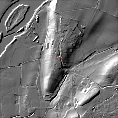Shaded relief map of the ground around WR37RG, computed from Environment Agency LiDAR. The ground here sits at about 26 m above sea level and falls 23 m across the surrounding 800 m. Surface water reaching this point runs off ground lying to the north, 2.8 m higher.