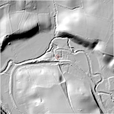 Shaded relief map of the ground around WR37SA, computed from Environment Agency LiDAR. The ground here sits at about 17 m above sea level and falls 21 m across the surrounding 800 m. Surface water reaching this point runs off ground lying to the south, 4.0 m higher.