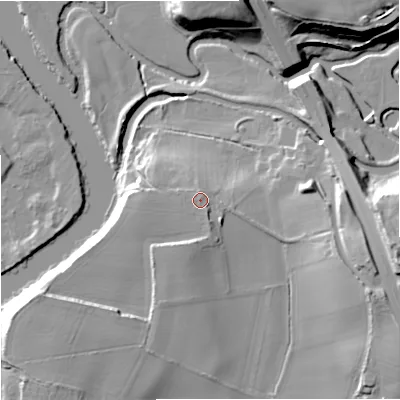 Shaded relief map of the ground around WR37SD, computed from Environment Agency LiDAR. The ground here sits at about 25 m above sea level and falls 21 m across the surrounding 800 m. Surface water reaching this point runs off ground lying to the south-south-east, 1.7 m higher.