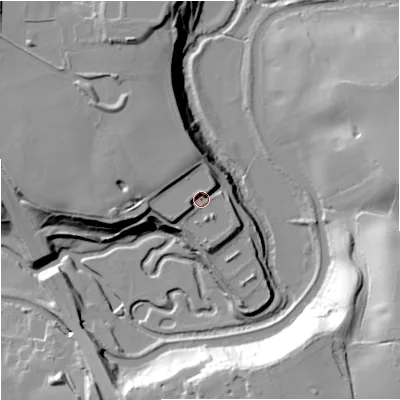 Shaded relief map of the ground around WR37SE, computed from Environment Agency LiDAR. The ground here sits at about 24 m above sea level and falls 35 m across the surrounding 800 m. Surface water reaching this point runs off ground lying to the north-north-west, 11.4 m higher.