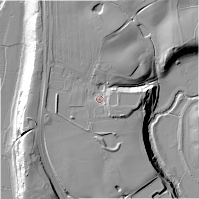 Shaded relief map of the ground around WR37SG, computed from Environment Agency LiDAR. The ground here sits at about 32 m above sea level and falls 25 m across the surrounding 800 m. Surface water reaching this point runs off ground lying to the south-east, 5.3 m higher.