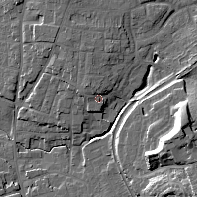 Shaded relief map of the ground around WR38BA, computed from Environment Agency LiDAR. The ground here sits at about 25 m above sea level and falls 32 m across the surrounding 800 m. Surface water reaching this point runs off ground lying to the north-west, 4.9 m higher.