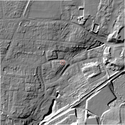 Shaded relief map of the ground around WR38DG, computed from Environment Agency LiDAR. The ground here sits at about 24 m above sea level and falls 19 m across the surrounding 800 m. Surface water reaching this point runs off ground lying to the north-north-west, 8.7 m higher.