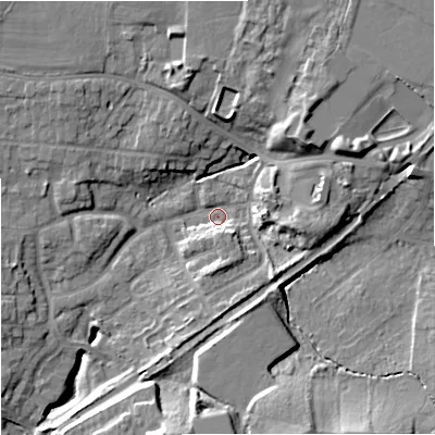 Shaded relief map of the ground around WR38DH, computed from Environment Agency LiDAR. The ground here sits at about 22 m above sea level and falls 17 m across the surrounding 800 m. Surface water reaching this point runs off ground lying to the east-north-east, 9.2 m higher.