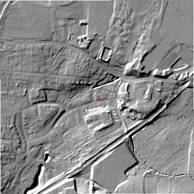 Shaded relief map of the ground around WR38DJ, computed from Environment Agency LiDAR. The ground here sits at about 23 m above sea level and falls 16 m across the surrounding 800 m. Surface water reaching this point runs off ground lying to the east-north-east, 12.4 m higher.