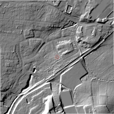 Shaded relief map of the ground around WR38DP, computed from Environment Agency LiDAR. The ground here sits at about 24 m above sea level and falls 30 m across the surrounding 800 m. Surface water reaching this point runs off ground lying to the east-south-east, 4.0 m higher.