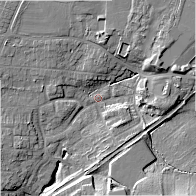 Shaded relief map of the ground around WR38DQ, computed from Environment Agency LiDAR. The ground here sits at about 22 m above sea level and falls 16 m across the surrounding 800 m. Surface water reaching this point runs off ground lying to the west-south-west, 4.2 m higher.