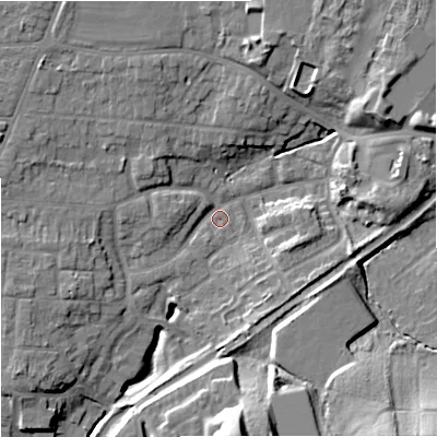 Shaded relief map of the ground around WR38DT, computed from Environment Agency LiDAR. The ground here sits at about 22 m above sea level and falls 26 m across the surrounding 800 m. Surface water reaching this point runs off ground lying to the west, 3.7 m higher.