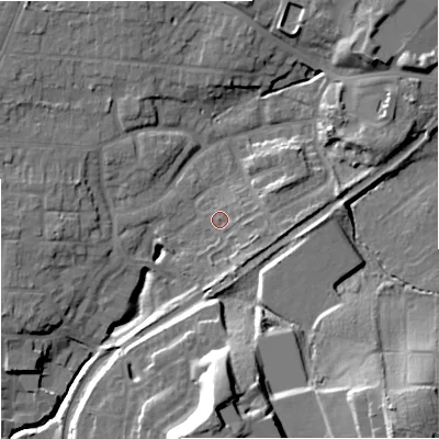 Shaded relief map of the ground around WR38DU, computed from Environment Agency LiDAR. The ground here sits at about 24 m above sea level and falls 31 m across the surrounding 800 m. Surface water reaching this point runs off ground lying to the east-south-east, 4.6 m higher.