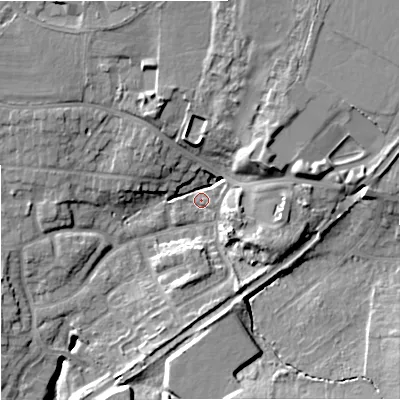 Shaded relief map of the ground around WR38DW, computed from Environment Agency LiDAR. The ground here sits at about 23 m above sea level and falls 15 m across the surrounding 800 m. Surface water reaching this point runs off ground lying to the east-north-east, 12.4 m higher.